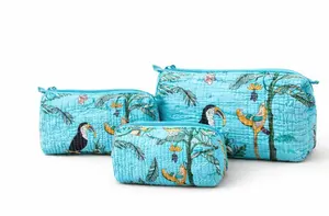 Ensemble de 3 trousses de maquillage matelassées en coton rayé, pochettes de toilette et sacs de voyage pour cosmétiques avec poignée en corde et fermeture éclair - Product Image 4