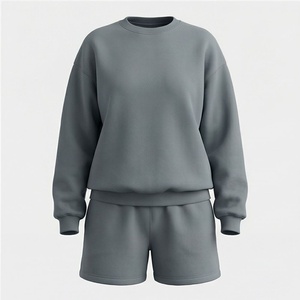Conjunto de 2 Piezas para Mujer, Sudadera y Pantalones Cortos de Punto, Cuello Redondo, Color Sólido, Corte Holgado, Estilo Casual, Largo por Encima de la Rodilla, 100% Algodón - Product Image 1