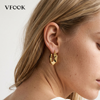Boucles d'oreilles créoles géométriques hexagonales modernes VFOOK, hypoallergéniques, en or massif 18 carats, pour un port polyvalent