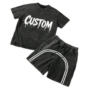 Custom DTG Printed Streetwear 100% Organic Cotton Fabric Oversized Letter Print 2Piece Summer Jogger Shorts & T-Shirt Trendy Set - Product Image 1