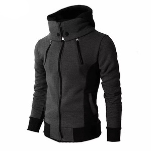 Grey Black <b>Mens</b> Hooded Jacket High Collar Double Zip Contrast Panel Cotton Fleece Hooded Sweatshirt Jacket Slim Warm - Product Image 5