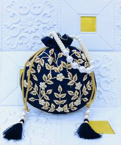 Sacs Potli de Luxe en Soie Brute Brodés avec Poignée en Perles, Faits Main, pour Mariage et Soirée, Pochette Cadeau avec Sangle Anneau - Product Image 5