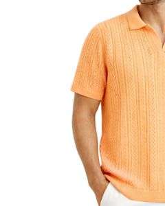 Manufacturer Mens <b>Orange</b> Knitted <b>Polo</b> Shirt Short Sleeve Cable Knit Summer Casual Slim Fit Top OEM ODM Wholesale Manufacturer - Product Image 3