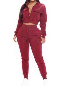 Women Solid Color <b>Tracksuit</b> Set Full Sleeve Half-Zip Crop Top With Side Pockets Drawstring Joggers Autumn Casual Wear - Product Image 1