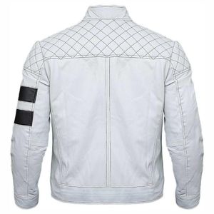 Blouson moto en cuir PU blanc pour homme, col montant, fermeture éclair, motif géométrique, coupe classique, style automne - Product Image 6