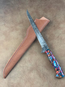 Cuchillo de Filetear de Acero Inoxidable Hecho a Mano Personalizable OEM de A&M Enterprises, Hoja Rústica con Acabado Ácido, Punta Caída, 12 Pulgadas, Mosaico Colorido - Product Image 6