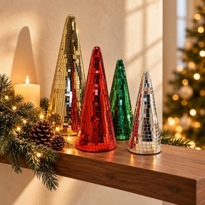<b>Disco</b> <b>Ball</b> Christmas Tree Statue Set of 4 Mirror Mosaic Holiday Tabletop Decorations Festive Party Centerpiece Modern Glam - Product Image 1