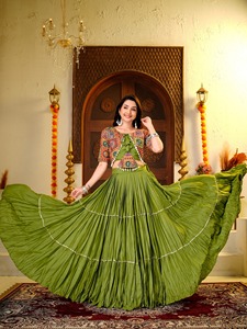 Green Embroidered <b>Lehenga</b> Set Pleated Skirt Traditional Indian Pakistani Wear <b>Women</b> Adult Size Floor-Length Cotton Party Quick - Product Image 1