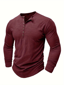 Men's Long Sleeve Henley T-Shirt Solid Maroon Knitted Slim Fit Casual Regular Length Button-Up made in Bangladesh - Product Image 5