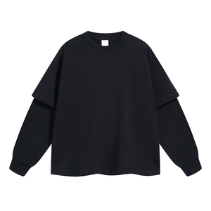 Men's <b>Black</b> Oversized <b>Long</b> <b>Sleeve</b> T-Shirt Layered Crewneck Solid Plain Cotton <b>Top</b> - Product Image 1