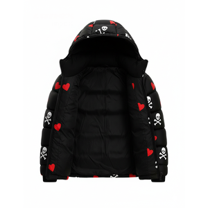 Chaqueta Acolchada Negra para Hombre con Estampado de Calavera y Corazón, con Capucha, Estilo Urbano, para Invierno, Ajuste Musculoso, OEM, Cremallera Personalizada, 300 Gramos, Impermeable - Product Image 3