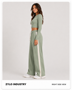 Hot Selling Winter Casual Wear <b>Lace</b> Front Seam Wide Bottom Sweatpants Women Polyester/Cotton Fleece Breathable Lightweight - Product Image 6