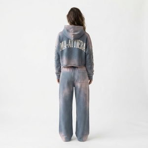 Custom Women Acid Wash Blue Gray <b>Cropped</b> Hoodie Wide Leg <b>Jogger</b> Set Cotton Fleece Rhinestone Tracksuit OEM Wholesale - Product Image 2