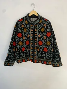 Premium <b>Black</b> Velvet Floral Embroidery Jacket Handcrafted Suzani Bohemian Women's Designer Festival Wear Full Sleeve Autumn <b>Coat</b> - Product Image 1