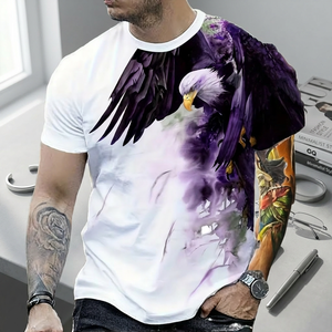 <b>Men's</b> Slim Fit Short Sleeve T-Shirt With 3D Purple Eagle Print O-Neck Casual Breathable Knitted Polyester Shirt - Product Image 5