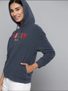 Sudadera con Capucha Azul Marino para Mujer, Estampado Vacay, Corte Regular, Ropa Casual, 100% Algodón Tejido, Estilo Otoñal - Product Image 3