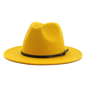 Chapeau Fedora en Laine Unisexe Jaune à Large Bord, Couleur Unie, Décontracté, Printemps-Été, pour Adulte, avec Bande Noire, Style Cowboy, Casquette de Baseball en Polyester - Product Image 1