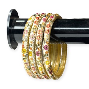 Wholesale <b>Gold</b> Plated Floral Pattern Glass <b>Bangles</b> <b>Set</b> with Crystal Rhinestone Inlay Ethnic Style Women's Party - Product Image 3