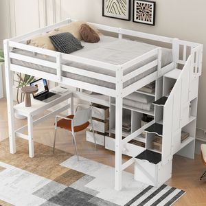Cama alta blanca de tamaño completo con escritorio en forma de L, cajones, armario de almacenamiento y escalera de madera - Product Image 3