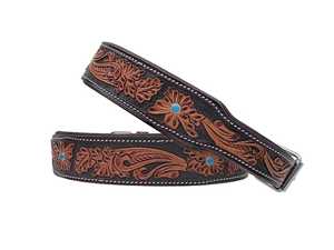 Handmade Western <b>Leather</b> <b>Dog</b> <b>Collar</b> Floral Pattern Jeweled Adjustable Buckle Closure Classic Style All Seasons Use - Product Image 1