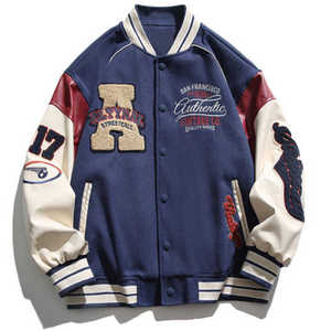 <b>Men's</b> Navy Varsity <b>Jacket</b> Embroidered Letter A Patch Design Turn-down Collar Autumn Wear Preppy Style Regular Fit - Product Image 4