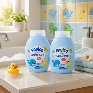 Botella de Baño de Burbujas para Bebés Personalizada, Ovalada, de Plástico HDPE de 250 ml, Color Pastel, Tapa Abatible, Jabón Líquido, Marca Pavico, Fabricante Vietnamita - Product Image 2