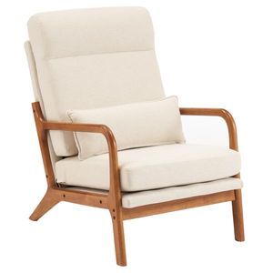 Solid Wood High Back Armrest & <b>Backrest</b> Linen Upholstered Indoor Leisure Chair with Iron Frame Off-White for Living Room - Product Image 1