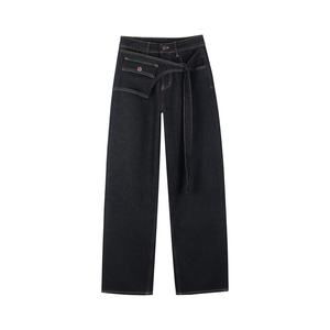 Vaqueros anchos personalizados de mezclilla para mujer, lavado oscuro, de algodón, largos, informales, para otoño - Product Image 1