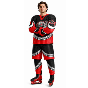 Conjunto de Jersey de Hockey sobre Hielo Sublimado Personalizado, Diseño de Calavera Negra y Roja, Absorbe la Humedad, Manga Larga, Uniforme para Adultos, Cuello en V, Corte Atlético - Product Image 2