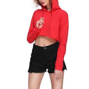 เสื้อฮู้ดครอปสีแดงสำหรับผู้หญิง เสื้อสเวตเชิ้ตแขนยาวแบบมีเชือกผูก สไตล์ลำลอง - Product Image 5