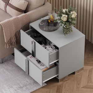 Mesita de Noche Moderna y Elegante de Madera con Tiradores Metálicos Espejados, Mesa Auxiliar con Patas Metálicas para Sofá, Cajones y Mesita de Noche - Product Image 2