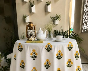 Block Print Cotton Tablecloth Yellow Floral Handmade Table Cover Wedding Party Dining Decor Halloween Thanksgiving Christmas - Product Image 3
