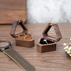 Custom Luxury Walnut Triangle Velvet Small <b>Earring</b> Cufflink Jewelry Storage Wooden Ring <b>Box</b> - Product Image 2