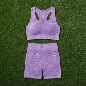 Women Lavender Purple Acid Wash Yoga Set Racerback Sports Bra High Waist Biker <b>Shorts</b> <b>Gym</b> Fitness Activewear - Product Image 5