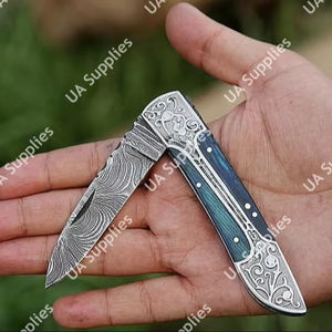 OEM Wholesale Professional Hand Engraved Damascus Steel Folding Pocket <b>Knife</b> Wood Epoxy Handle Leather Sheath Foldable Tactical - Product Image 1