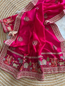 ผ้าไหมซาตินบังกลอรีลายปักขอบเสื้อแบบดั้งเดิมของ Reglance Royal Box Pallu พร้อมงานปักมือด้วยลูกปัด เหมาะสำหรับงานปาร์ตี้และงานออกแบบเสื้อผ้าแบบดั้งเดิม - Product Image 4