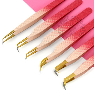 Pink Diamond Grip Eyelash Tweezers with Gold Fiber Tip Isolation Private Label Volume Lash Tweezers for Eyelash Application - Product Image 1