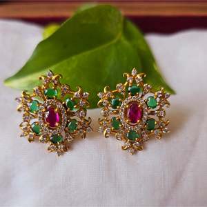 Vintage Gold Plated Oxidized Polish Floral Number Casual Stud Earrings with Pearl and Diamond Accents - Product Image 2