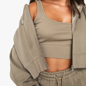 Ensemble de survêtement 2 pièces pour femme, kaki, à capuche, manches longues, avec logo personnalisé, pour l'hiver, idéal pour la gym et le fitness - Product Image 4