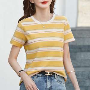 T-shirt d'été respirant pour femme, tricoté, rayé, à manches courtes, col rond, coupe décontractée, haut tendance pour tous les jours - Product Image 1