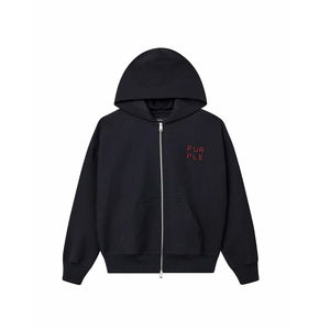Vente en gros de sweats à capuche de marque de haute qualité, à fermeture éclair, coupe oversize, avec poche kangourou, appliqué intégré et surpiqûres contrastées, couleur violet - Product Image 1