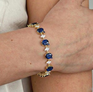 Pulsera con Dije de Zafiro Azul Cultivado en Laboratorio, Corte Ovalado, Plata de Ley 925, Oro, Elegante, Piedra de Nacimiento de Septiembre, Joyería Hecha a Mano para Fiestas - Product Image 3