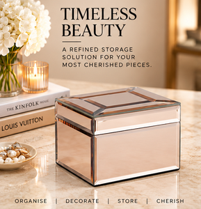 Rose Gold <b>Mirrored</b> Glass Jewelry <b>Storage</b> Box <b>with</b> Beveled Edges Glossy Finish Soft Lining Decorative Keepsake Organizer - Product Image 5