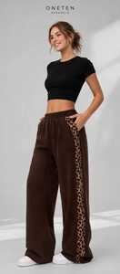 ONETEN APPARELS <b>Women's</b> Leopard Side Stripe <b>Corduroy</b> Wide Leg Pants <b>High</b> <b>Waist</b> Elastic Loose Drawstring Autumn <b>Trousers</b> - Product Image 2