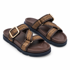 Sandales plates marron en paille tressée antidérapantes et respirantes à brides croisées pour femme, à bout ouvert, avec boucle, chaussures d'été à plateforme - Product Image 6
