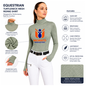 Custom Equestrian Women's Quick Dry <b>Long</b> <b>Sleeve</b> <b>Mesh</b> Riding Shirt | Turtleneck Spandex / Polyester Performance Horse Riding <b>Top</b> - Product Image 5
