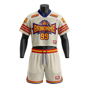 soft polyester mesh <b>shorts</b> set breathable cream with red striped panels transfer stitched <b>patch</b> logo custom for <b>men's</b> set - Product Image 1