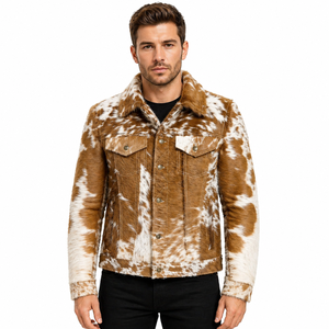 Mens Genuine Cowhide Leather <b>Trucker</b> <b>Jacket</b> with Fur Trim Waterproof & Breathable Winter Moto Biker Outerwear - Product Image 1