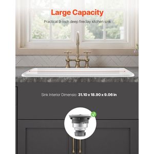 Lavello da cucina bianco stile rustico 33x19 pollici in argilla refrattaria, da incasso o a scomparsa, a vasca singola, con diverse opzioni di postazioni di lavoro - Product Image 3