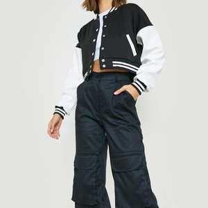 Wholesale High Quality Custom <b>Women's</b> Cropped Varsity <b>Jacket</b> Black and <b>White</b> Contrast Streetwear Snap Button OEM Design - Product Image 1